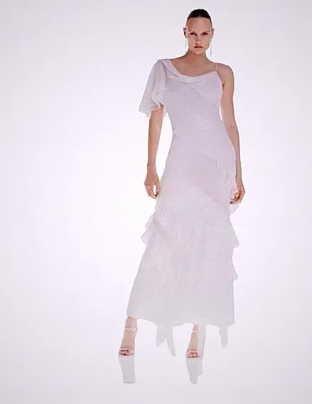 KAREN MILLEN weißes Midikleid mit Rüschen und asymmetrischem Ärmel 42 B1C
