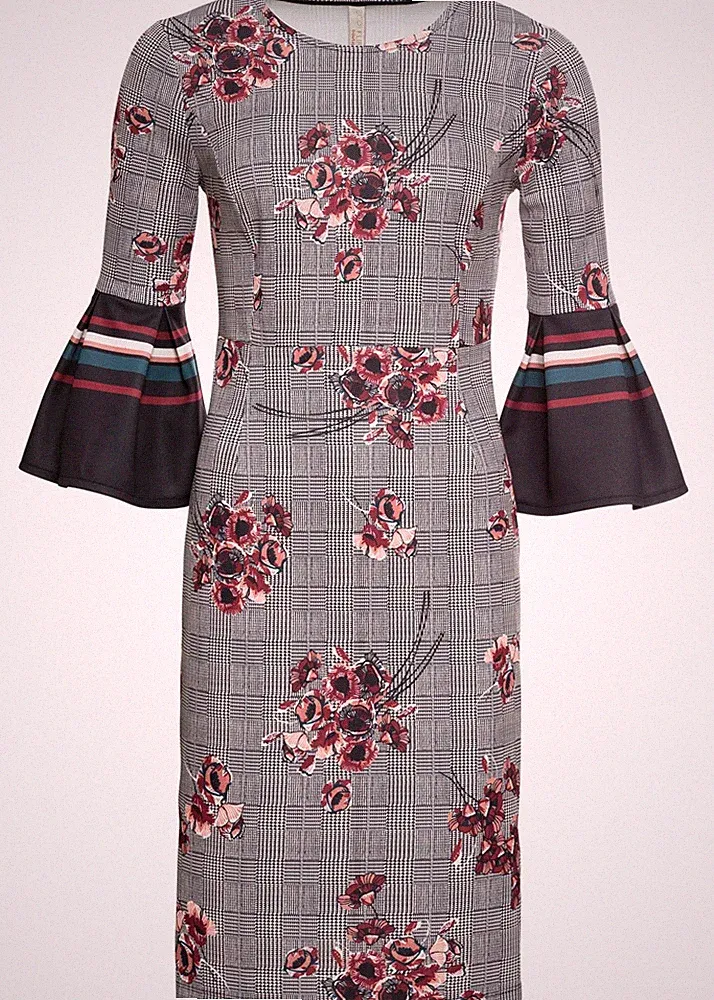 Kariertes Kleid Gr. 48 Grau Damenkleid Midi Etuikleid Dress Neu*