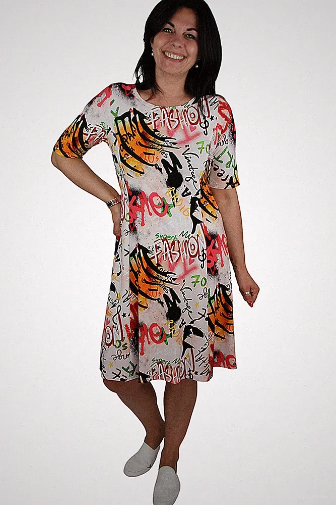 Karin Hertz Moden Sommerkleid City-Kleid Graffiti halbarm A-Linie Viskose-Mix