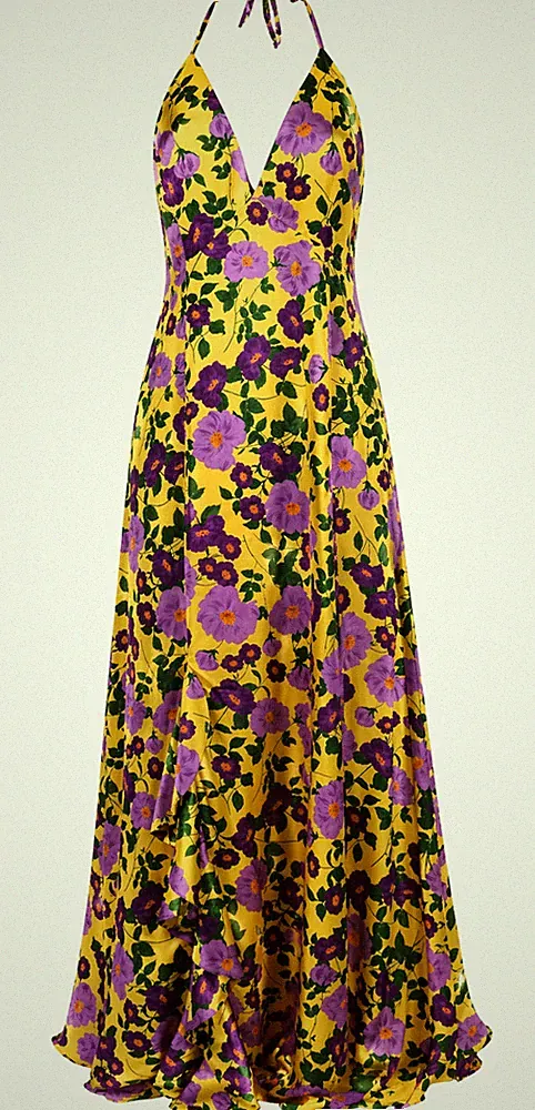 Keepsake Maxikleid gelb Blumen hinten offen Träger Hochzeitsgast Gr. L