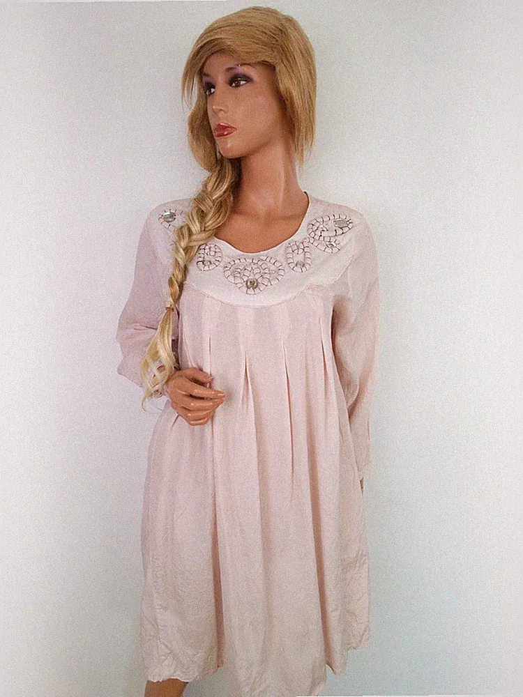 KELLO Damen A-Linien-Kleid Gr. 38 Puderrosa Viskose 3/4 Ärmel Kristalle Knielang