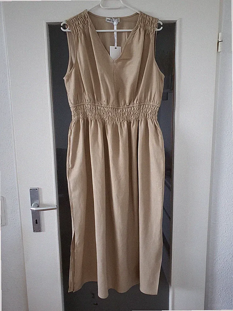 KHAKI BRAUNES LEINEN MIX KLEID FÜR DAMEN SOMMERKLEID MIDIKLEID SCHLITZ FASHION