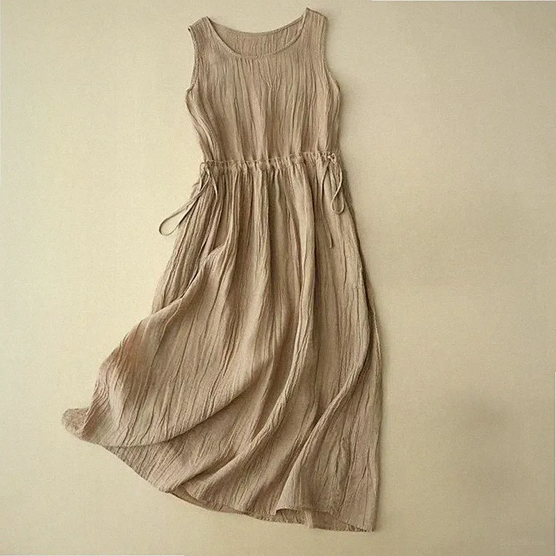 Khaki Weiß Leinen Mix Ärmellos A-Linie Midi Sommerkleid mit Kordelzug