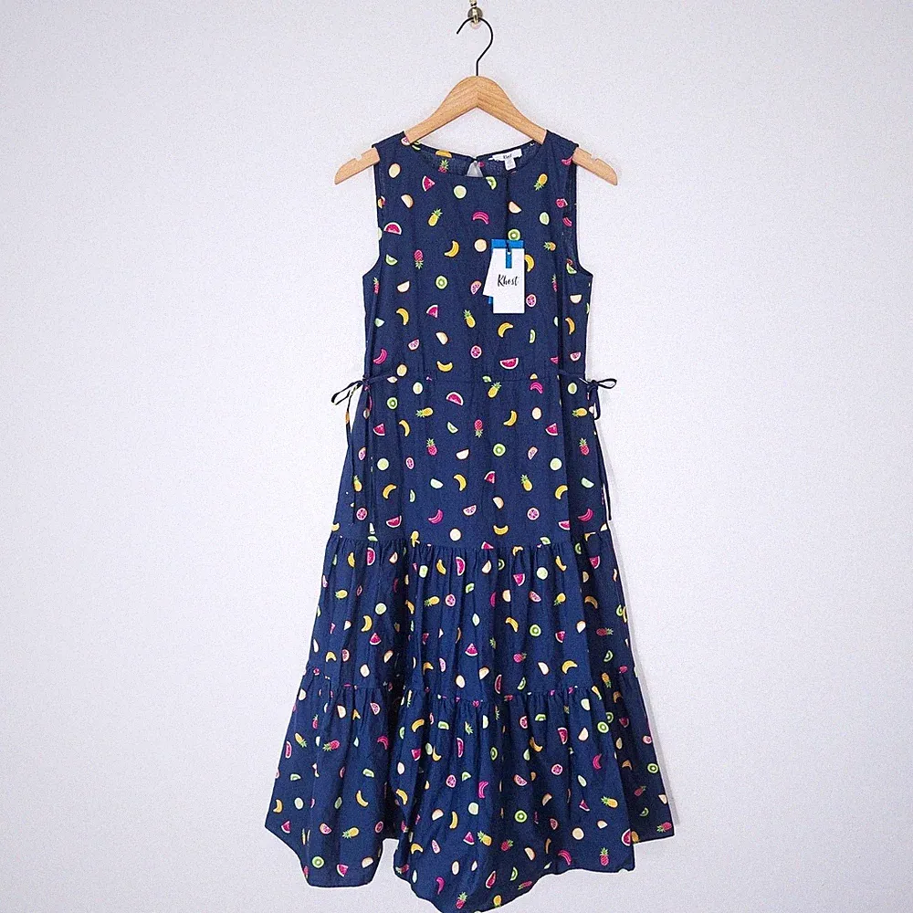 Khost M&Co Obstdruck gesmoktes Sommerkleid Größe 8 NEU marineblau bunt Midi UVP 69 £