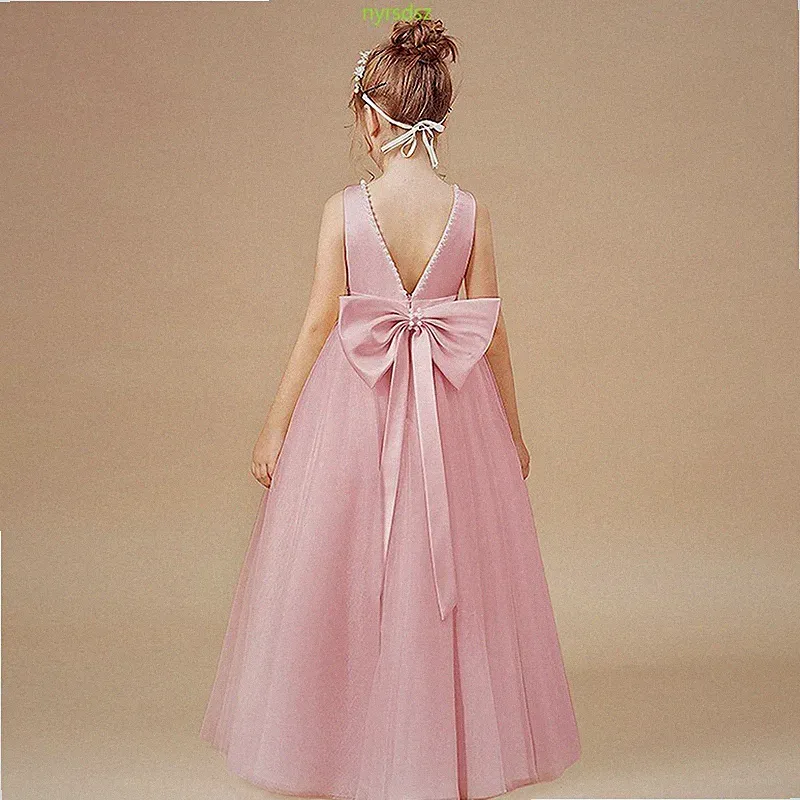 Kinder Mädchen Perlen Schleife Brautjungfer Prinzessin langes Kleid Party#