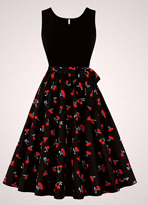 Kirsch-Druck Freizeitkleid für Damen - Schwarz mit rotem Kirschmuster, ärmellos