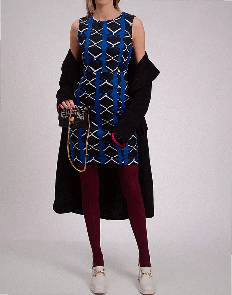 KISUA AFRICA For 8 Sheath Dress Size IT 42 Ethnic Pattern Crew Neck Slit Hem
