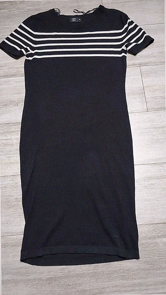 Klassisch Kleid Damen Gr. M 38 dunkel blau Streifen kurzarm elegant Strick Etui