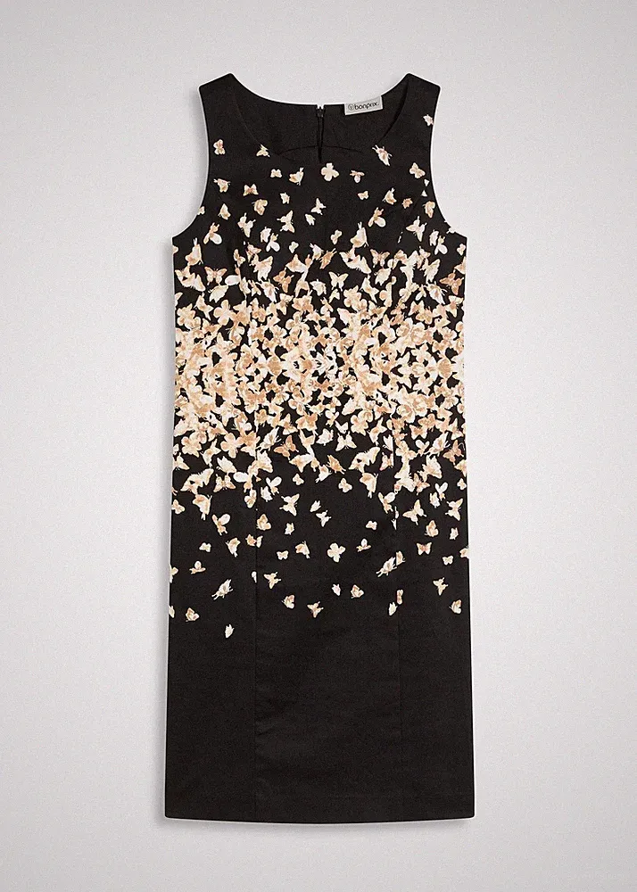 klassisches Etuikleid mit Schmetterlingsmuster Gr 54 Schwarz Sand Mini-Kleid Neu