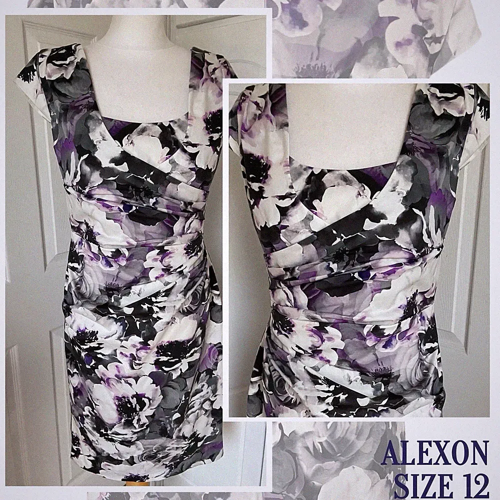 Kleid 12 Alexon weiß grau lila Blumen Hochzeit Gast formell Party Karriere