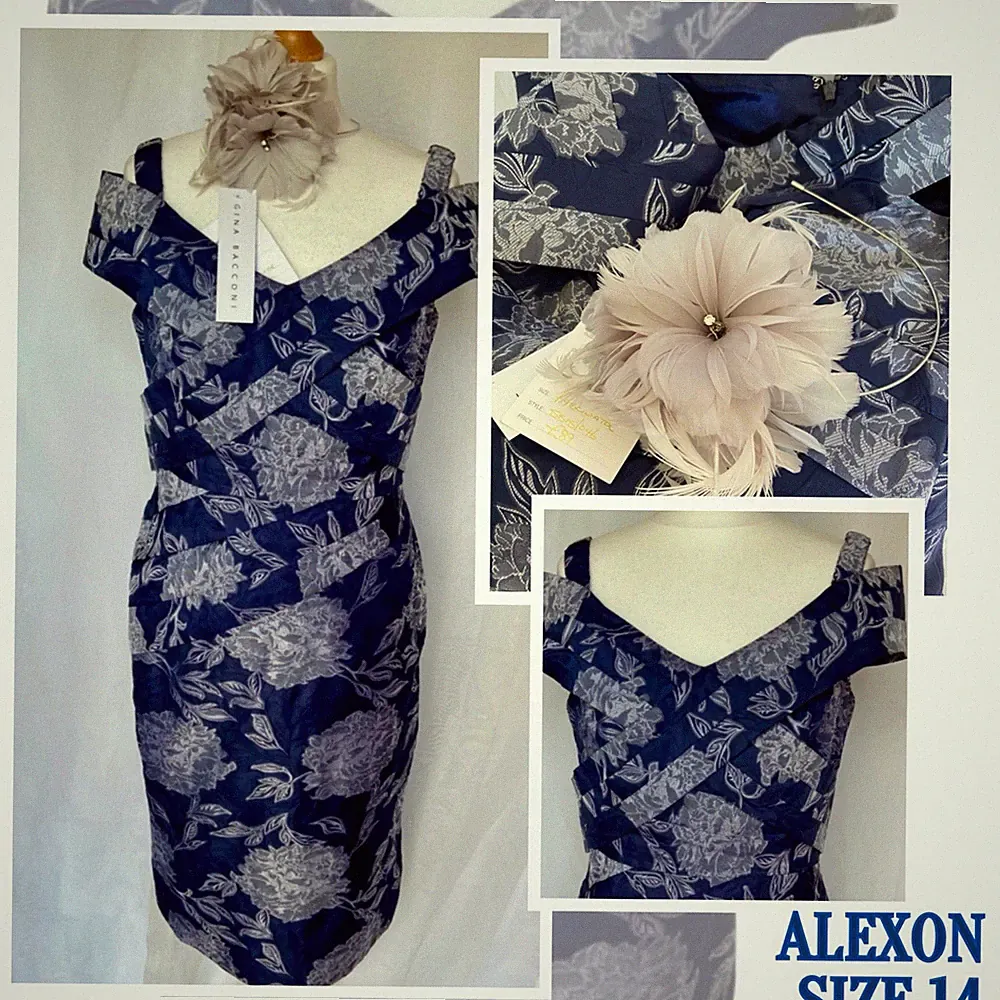 Kleid 14 Alexon blau grau Bleistift Hochzeit Gast Mutter Braut Bräutigam Fascinator
