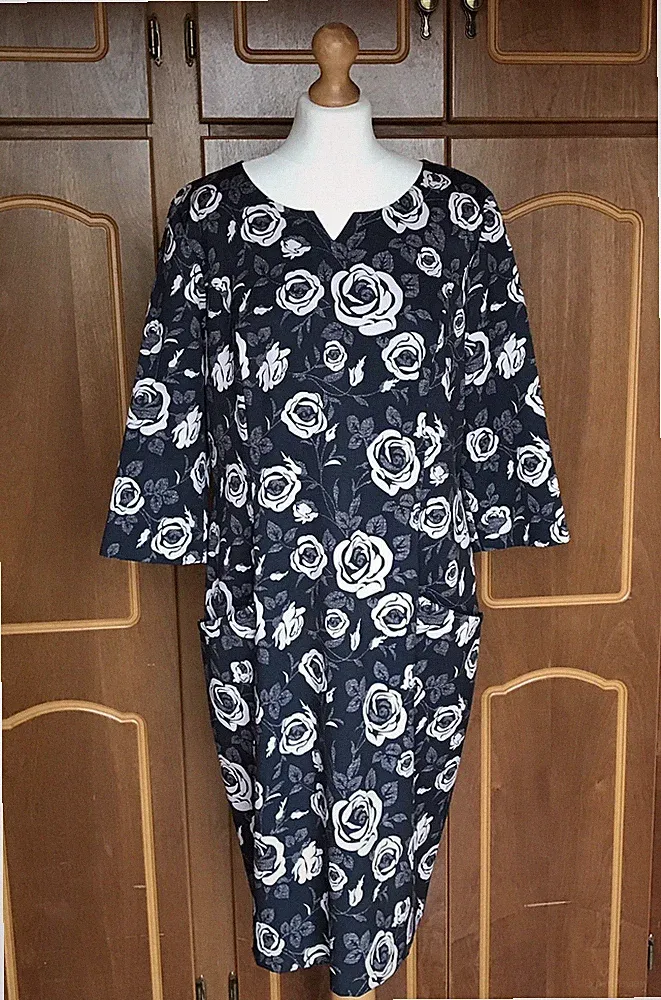 Kleid 16 grau Blumen Etuikleid Taschen Party Anlass Hochzeit Gast Bürokleidung