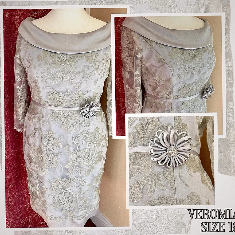 Kleid 18 Silber Veromia Spitze Bleistift Mutter Braut Bräutigam Hochzeit Gast Rennen Neu mit Etikett