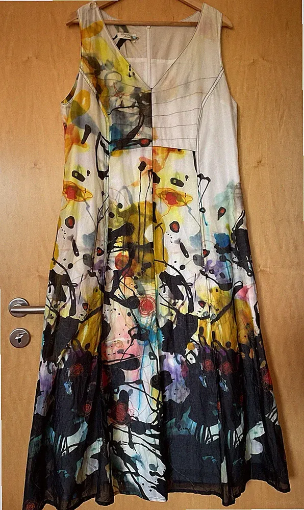 Kleid 44 Apanage Baumwolle Bunt auf Weiß Kunstdruck Grafik A-Linie Ärmellos Lang