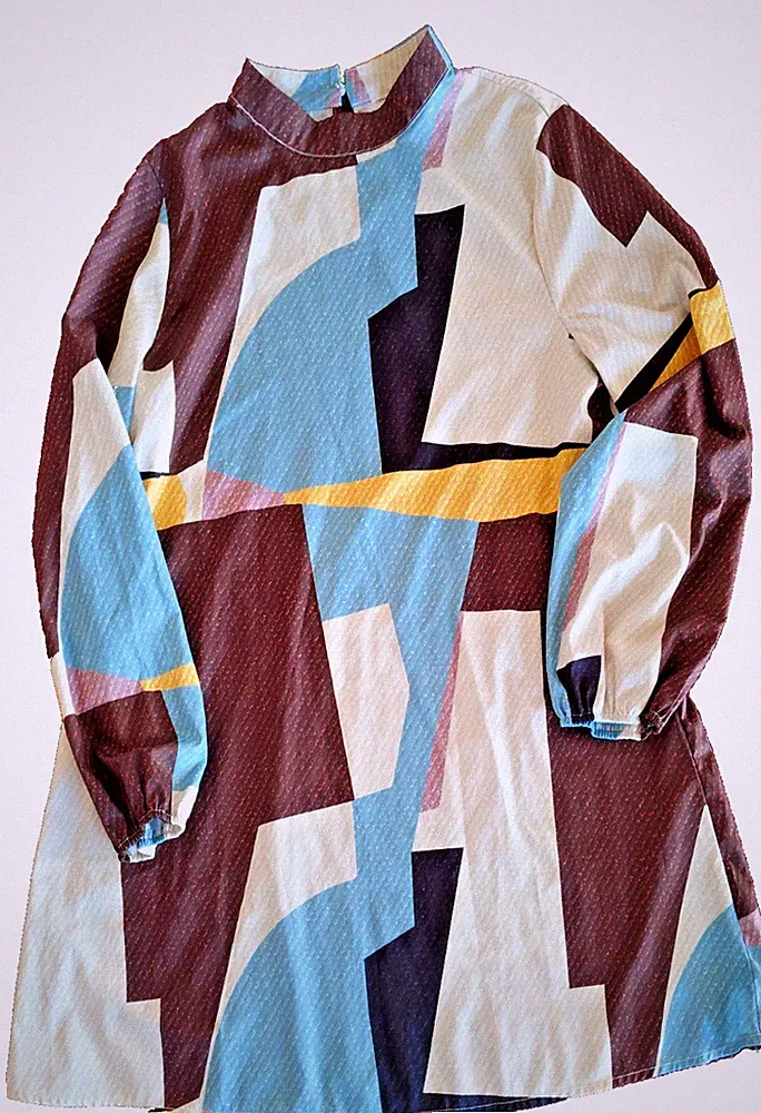 Kleid A-Linie Gr 44 XL Langarm Beige Braun Bunt Puffärmel Stehkragen Wie neu