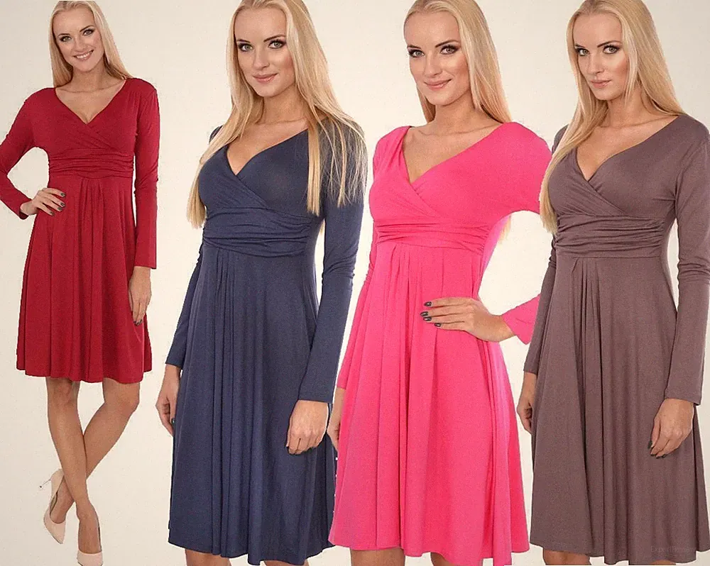 Kleid A-Linie Knielang mit Raffungen überlappender V-Ausschnitt Langarm, 8445