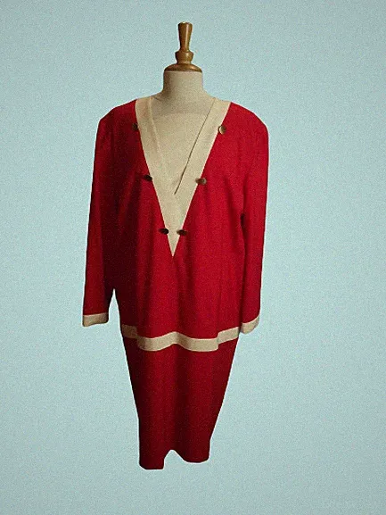 Kleid aus rot-weißem Wollgabardine langarm