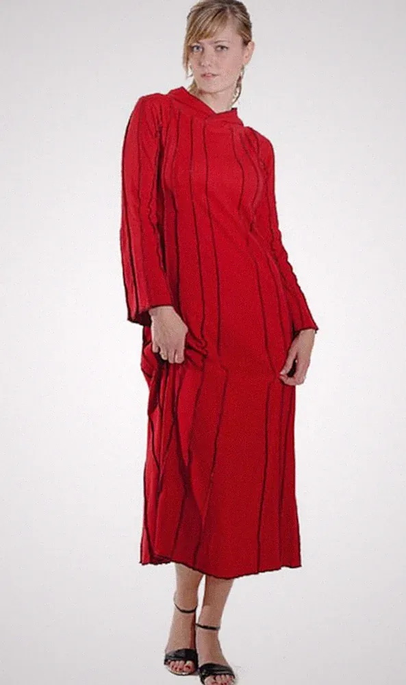 Kleid Baumwollkleid Sweatkleid lang Dust Zipfel-Kapuze rot schwarz bordeaux rost