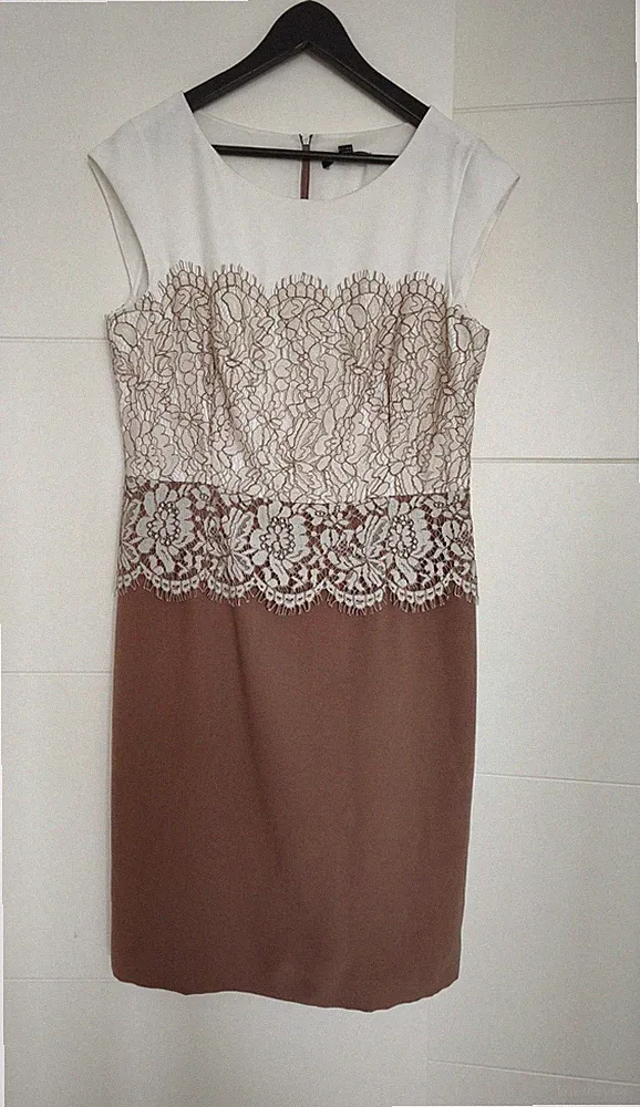 Kleid Beige Weiss 42 XL Comma, Dress Cocktail Spitze Etuikleid Cognac Braun