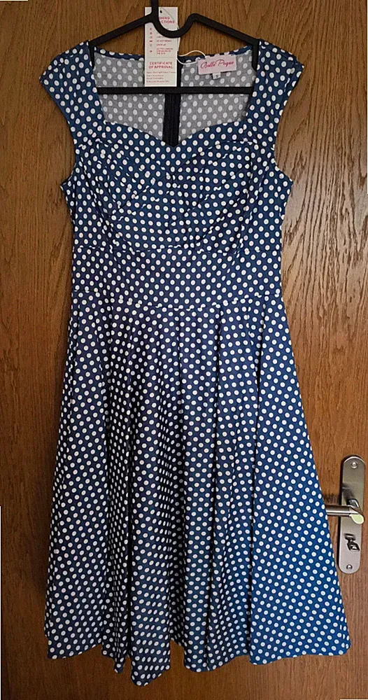 Kleid, Belle Poque, Gr. S, blau/Punkte, Rockabilly/70er, NEU