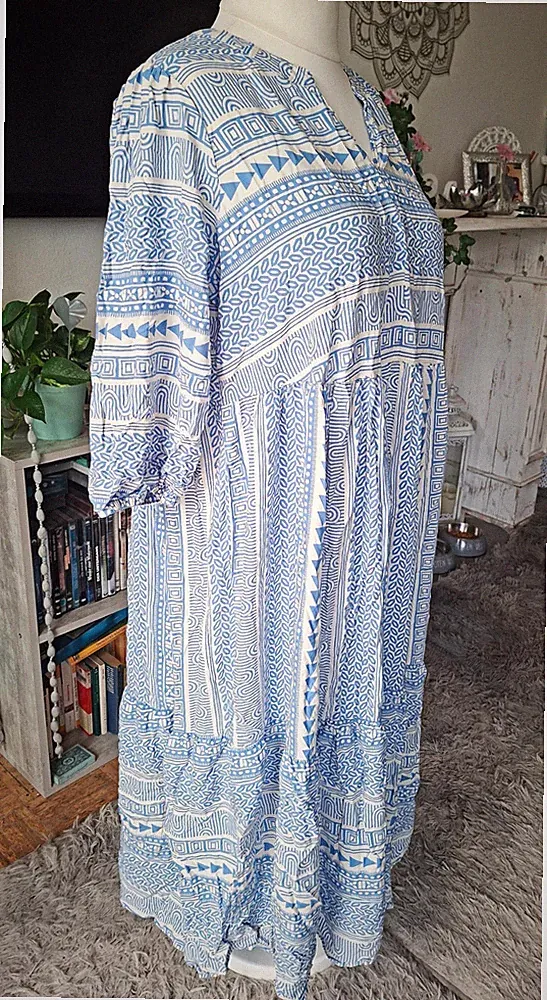 Kleid Damen blau weiss gemustert Gr. XL 46 48 Puffärmel A-Linie GINA NEU