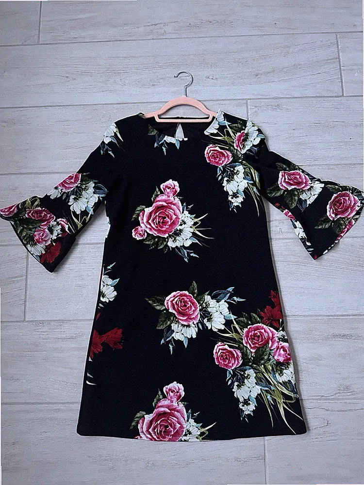 Kleid Damen Blumen Schwarz Business Elegant Weit Geschnitten XS 34