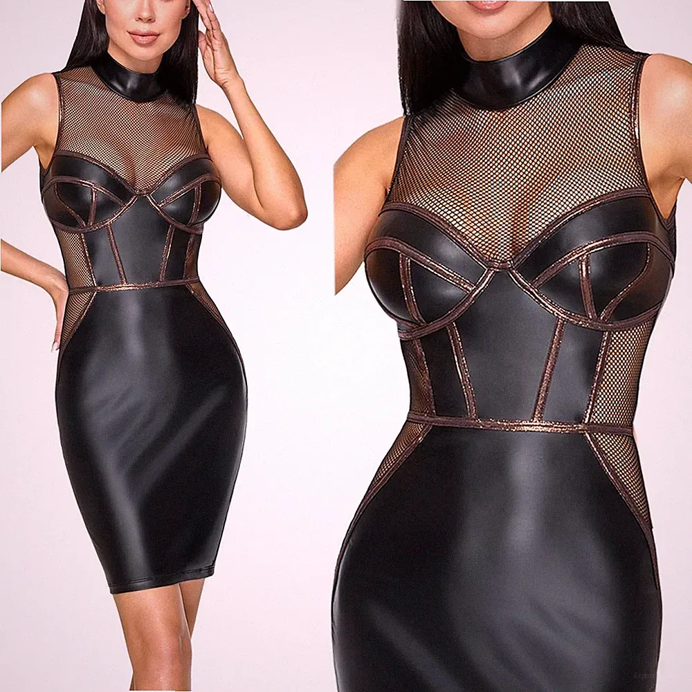 Kleid Damen Bodycon Mattlook Netz Schwarz Abendkleid Party Clubwear Disco "Darya