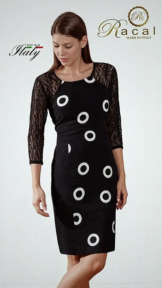 Kleid Damen Etuikleid mit Spitzenarm Länge 3/4 Made in Italy RACAL