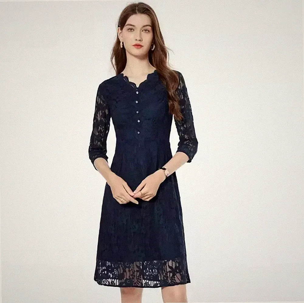 Kleid Damen Longuette Satin Blau Spitze Langarm Elegant 30807