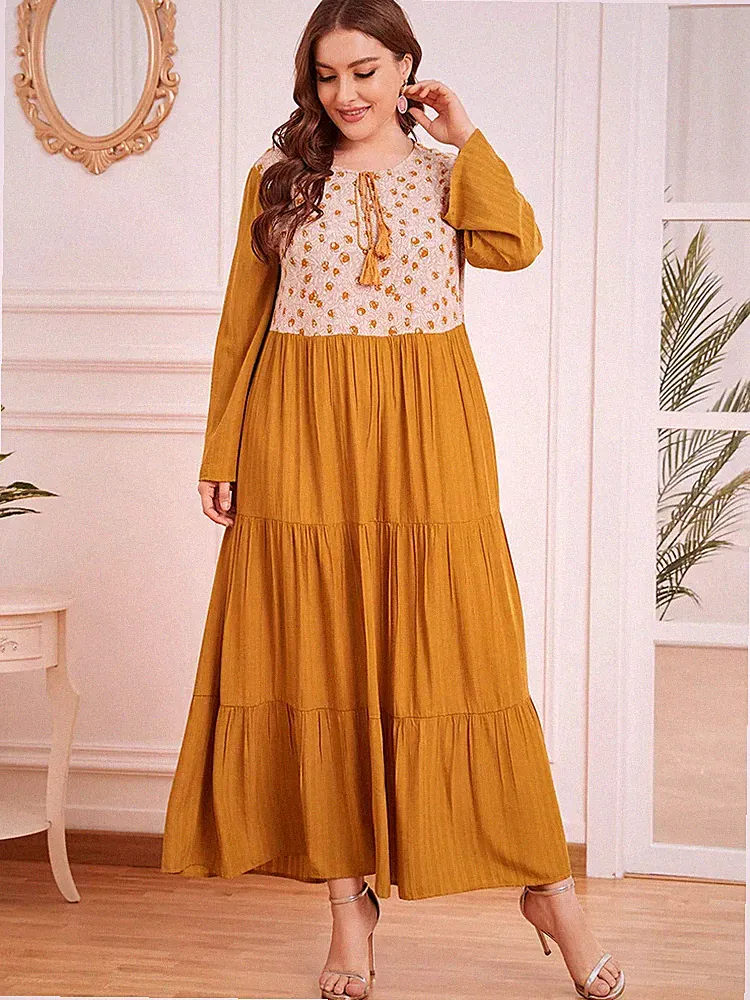 Kleid Damen Maxikleid Lang Hippie Gelb Beige Over Boho Marokkanisch 18668
