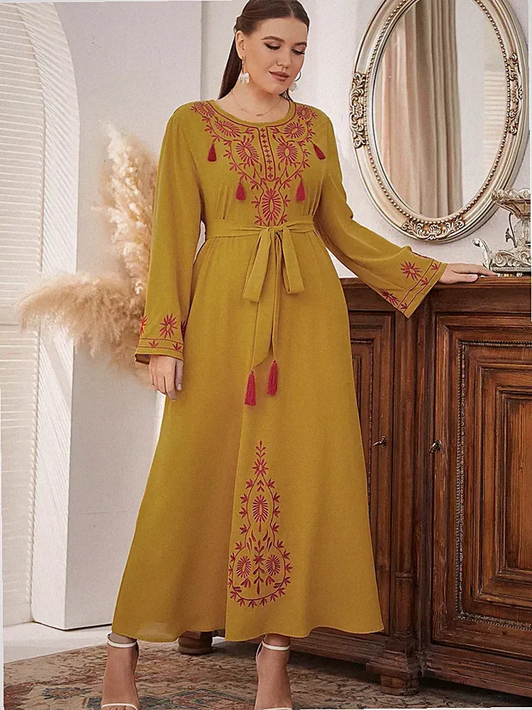 Kleid Damen Maxikleid Lang Hippie Gelb Gürtel Boho Bohemian Over 14951