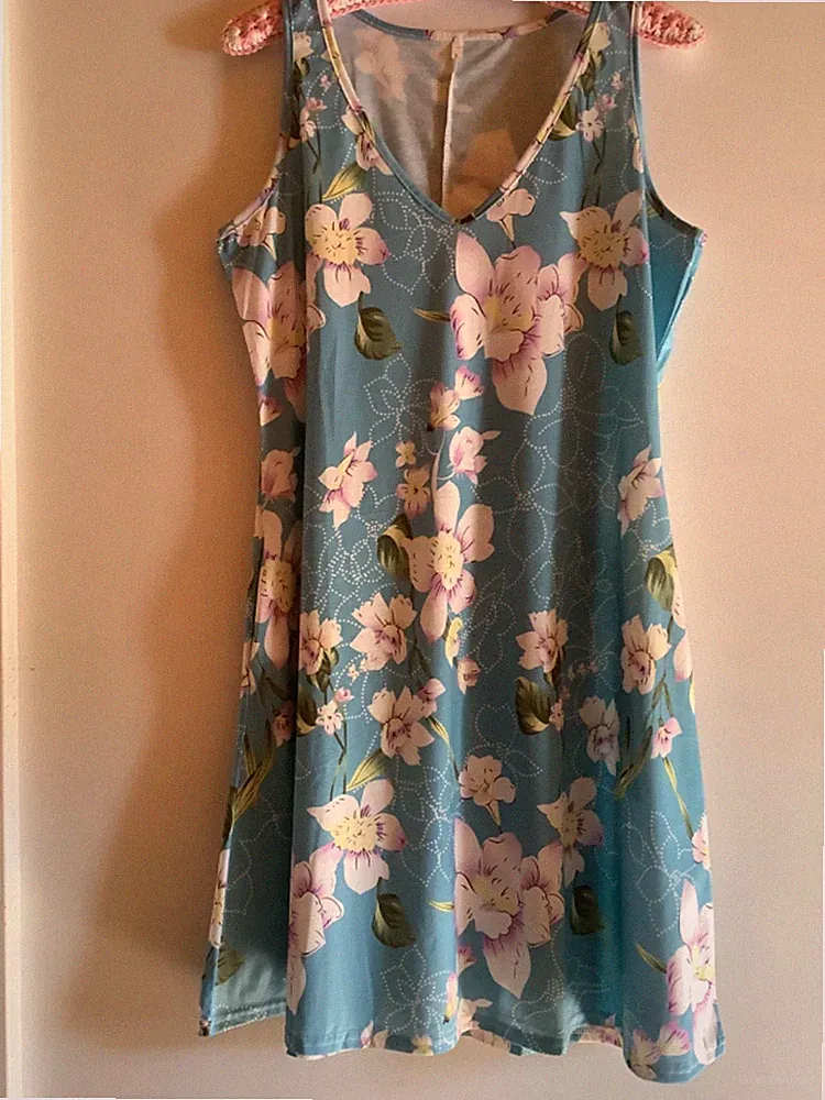 Kleid Damen türkis mit Blumen Größe L Sommerkleid Strandkleid Baumwolle Poly