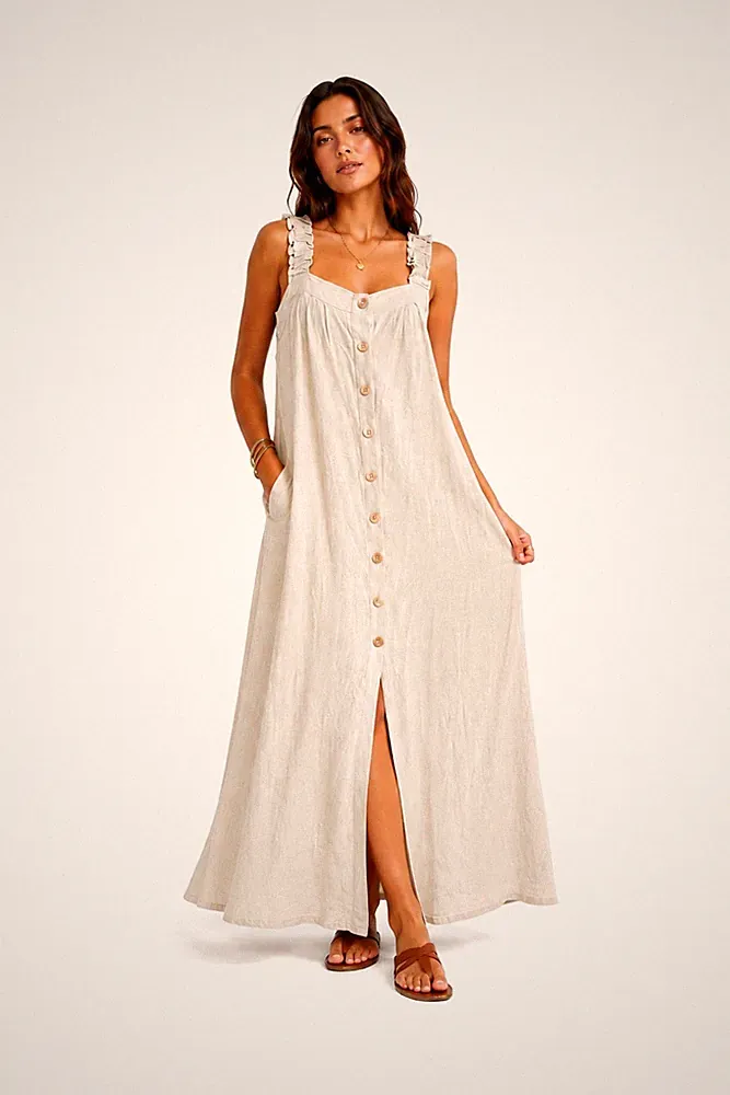 Kleid Damenkleid lang Leinen Viskose beige Knöpfe Taschen Boho Sommer Einheitsgröße