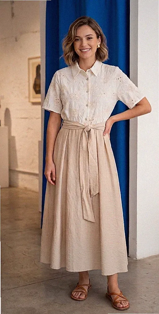 Kleid Dress Bluse lang Yes-Zee Spitze elfenbein Baumwolle/Viskose