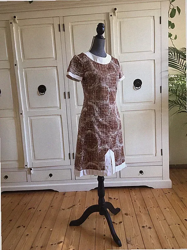 Kleid echt Vintage S 36 60s Midi Kleid braun weiss Kreise A-Linie