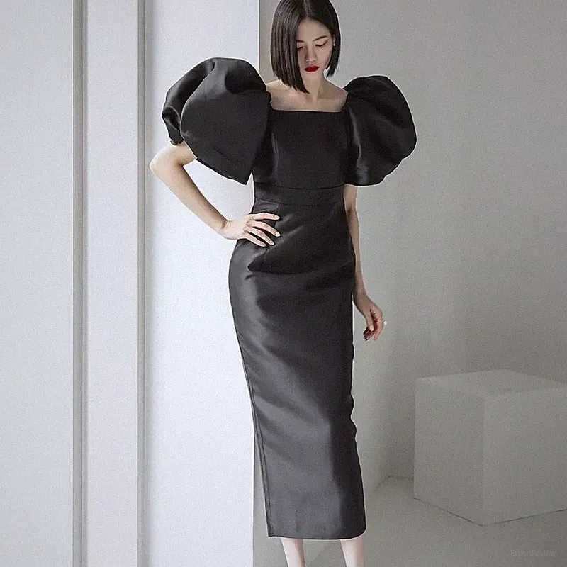 Kleid Elegant Lang Schwarz Hülle Ballon Abend Etuikleid 08607