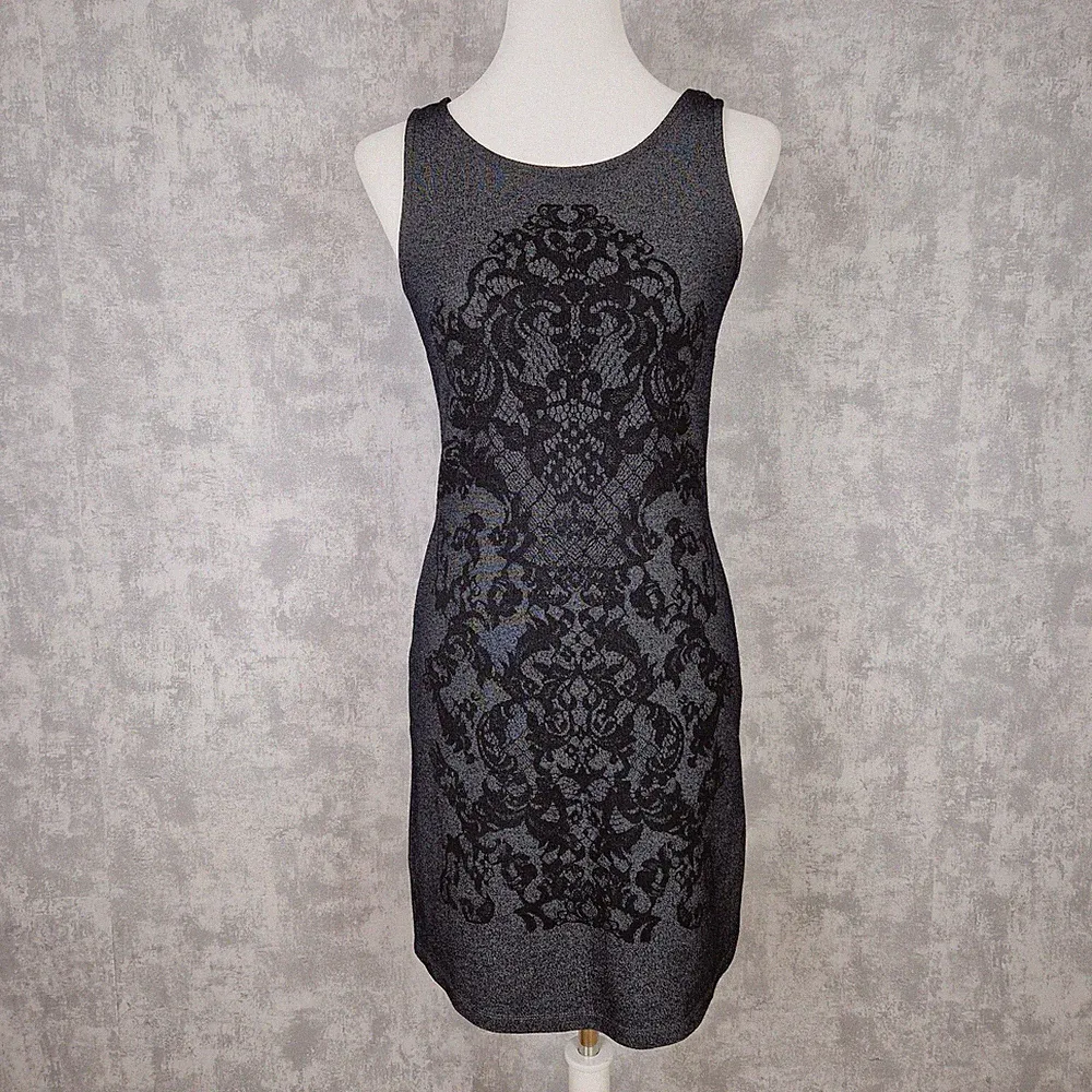 Kleid Etuikleid Kurz Tom Tailor 34 XS Grau Schwarz Minikleid Stretch Ärmellos