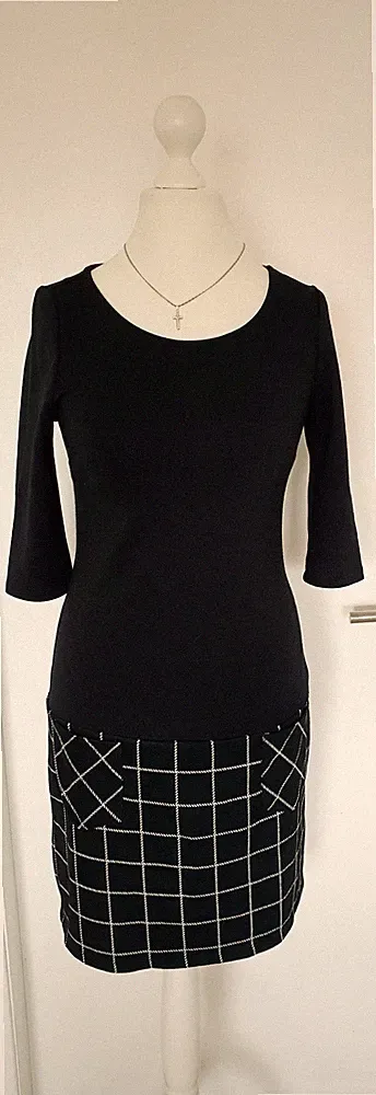 Kleid Etuikleid Orsay schwarz weiß Rock kariert knielang Gr 34 ev 36 Jerseykleid