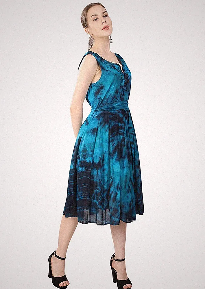 Kleid Farbe türkis-lemon, ärmellos, geraffte Taille, Bindegürtel Größe L/XL