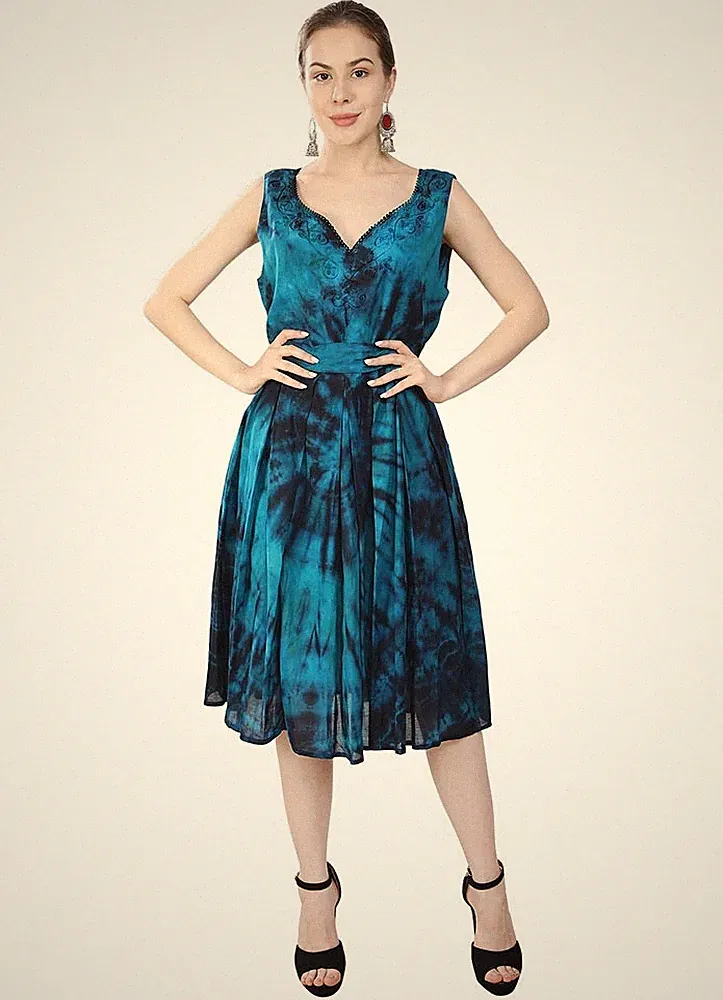 Kleid Farbe türkis-lemon, ärmellos, geraffte Taille, Bindegürtel Größe M/L