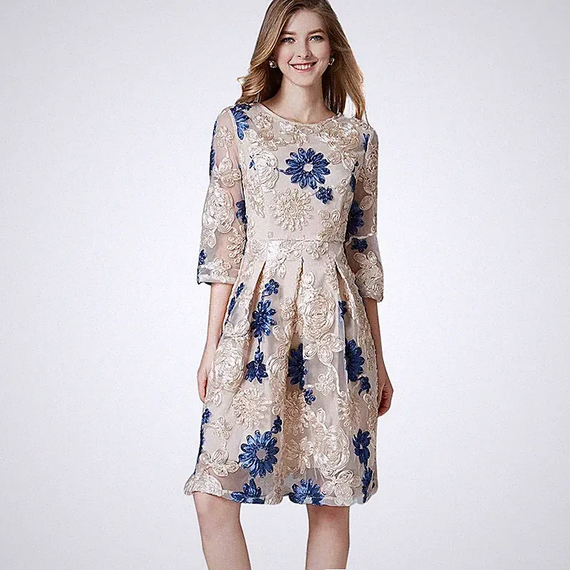 Kleid Frau Elegant Kurz Hülle Beige Blau Satin Spitze 30805