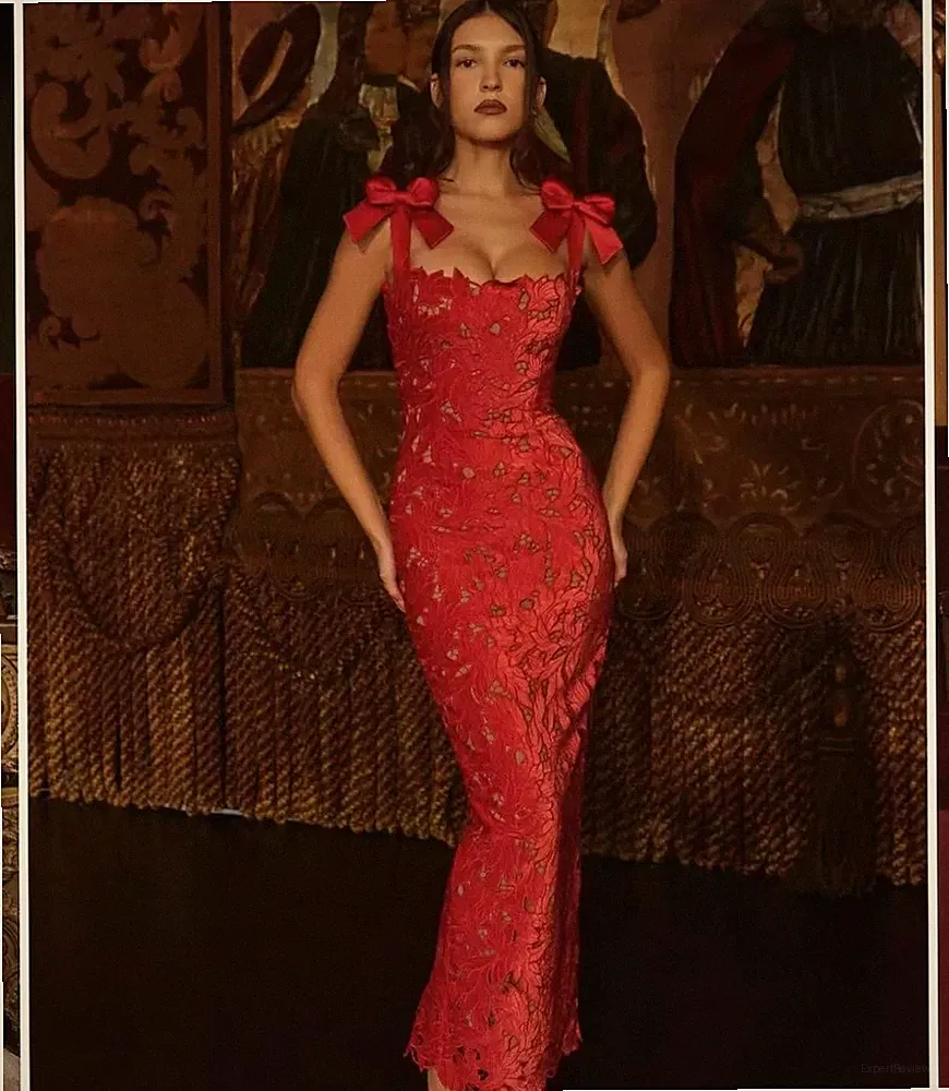 Kleid Frau Elegant Lang Ale Knöchel Sirene Rot Spitze Etuikleid 37149