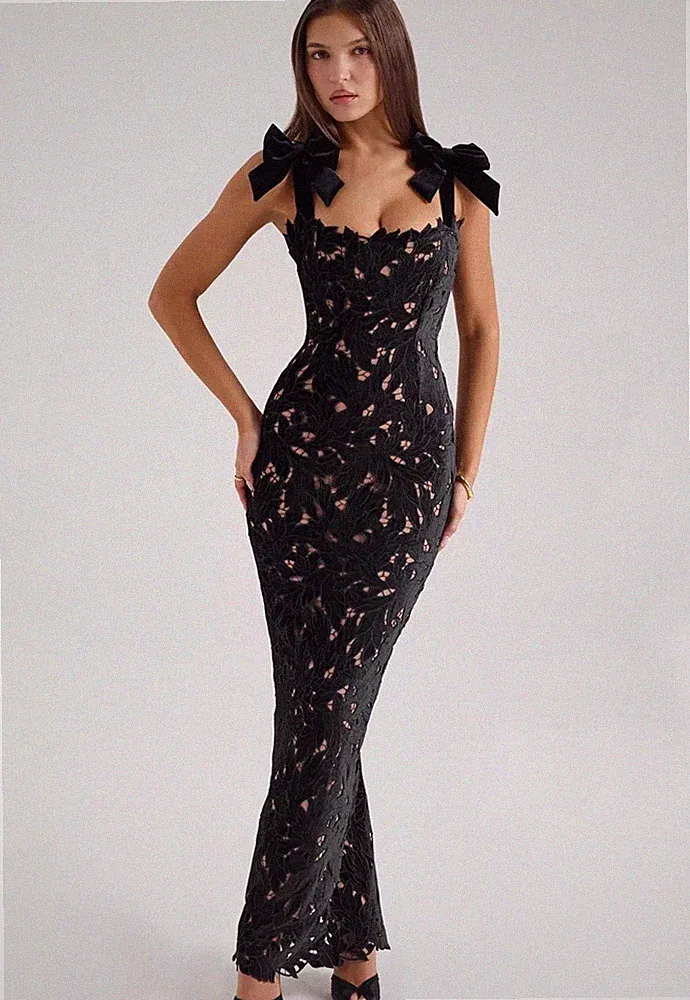 Kleid Frau Elegant Lang Ale Knöchel Sirene Schwarz Spitze Etuikleid 37149