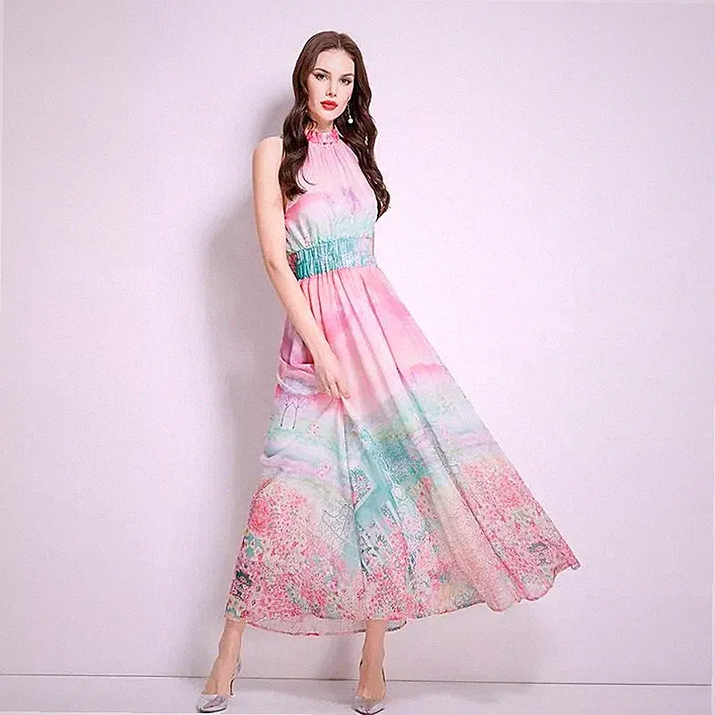 Kleid Frau Elegant Lang Alle Knöchel Weich Satin Rosa Blumenmuster Gipsy 39264