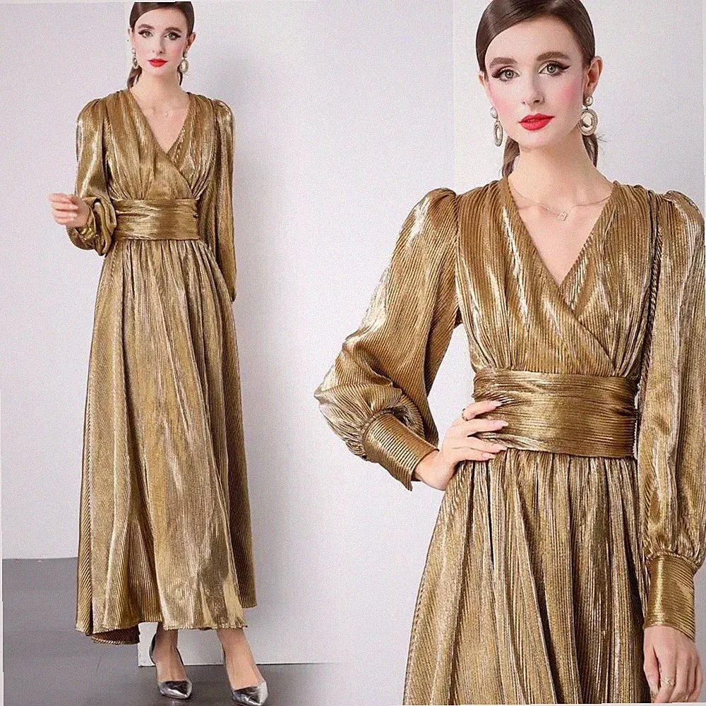 Kleid Frau Elegant Lang Weich Alle Knöchel Gold Satin Chiffon Gipsy 22932
