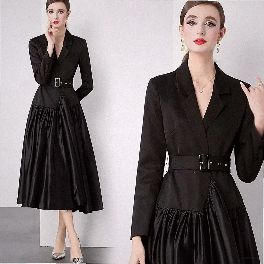 Kleid Frau Elegant Lang Weich Alle Knöchel Schwarz Satin Gürtel Gipsy 22930