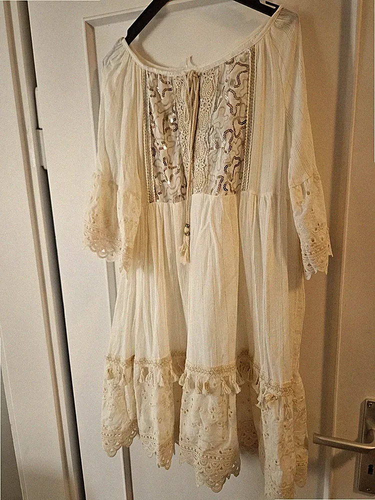 Kleid Gr. 44 Weiss Creme Ibiza Style Boho Goldfarben
