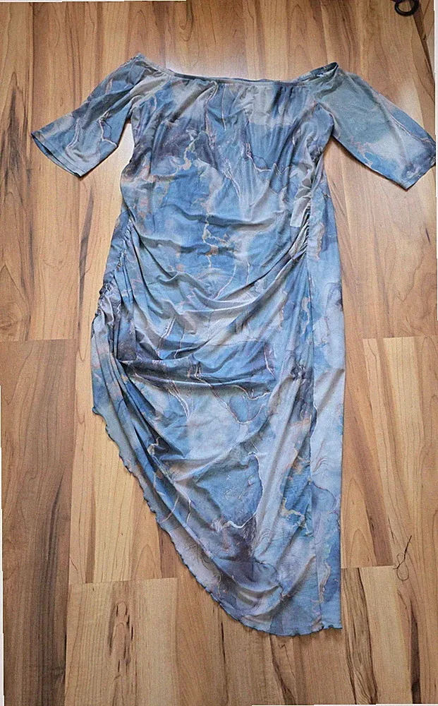 Kleid Gr.4XL Maxikleid Stretch Übergröße ungetragen Asymetrisch Raffung Mesh