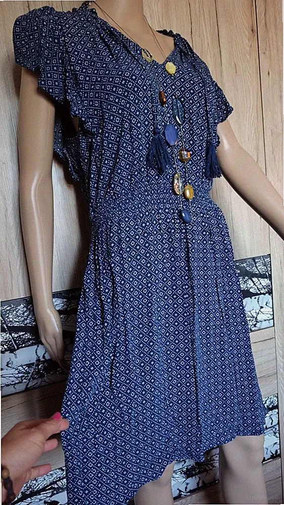 Kleid H&M L/M ethno Strand Blogger Blau Festival Stretch A schnitt stylisch