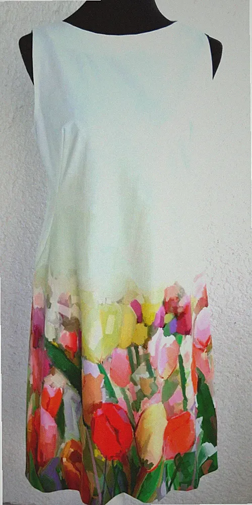 Kleid Handarb. neu 38 40 A-Linie Shiftkleid Etuikleid Türkis Rot Grün Tulpen